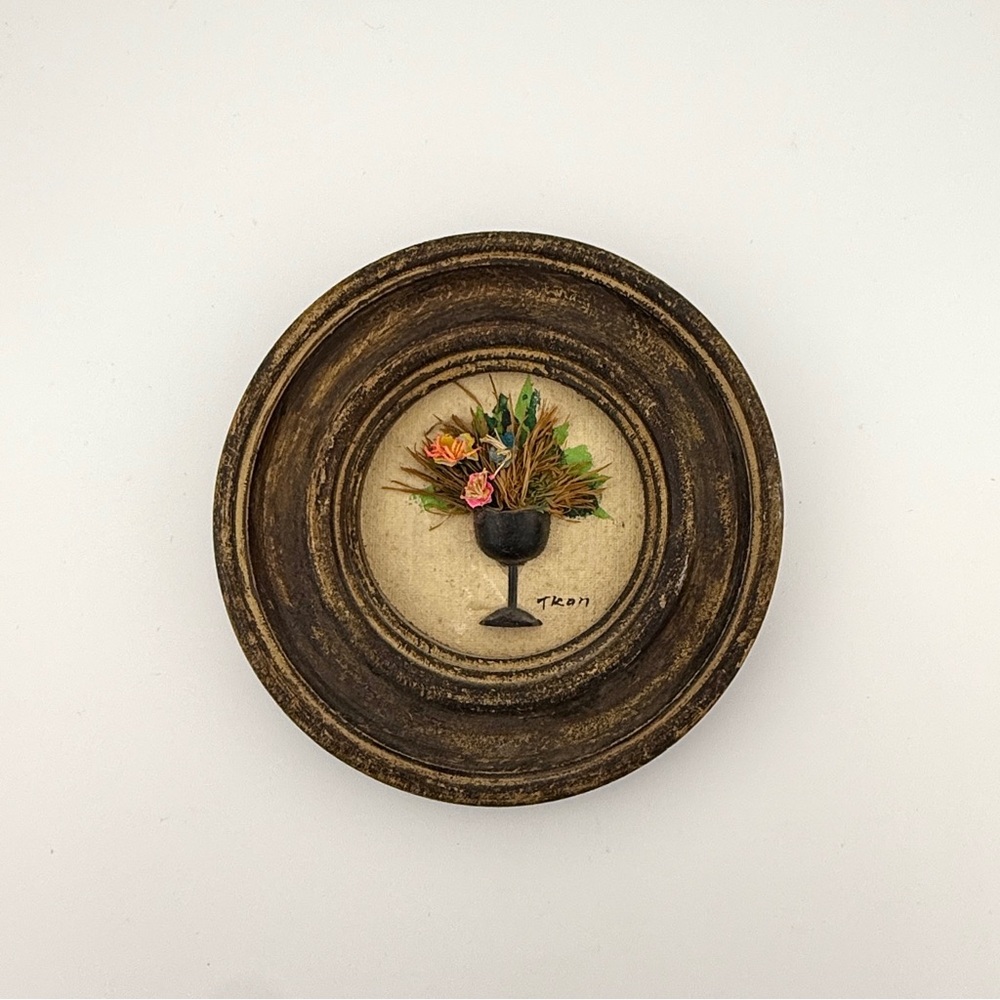 Eclectic Boho Folk Art Wall Hanging – Rustic Round Floral Mixed Media - Signed